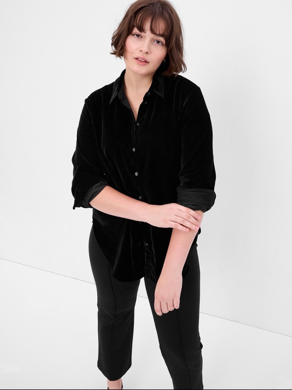 GAP Black Velvet Button Front Shirt XL Tall Long Sleeve Collared 100% Polyester